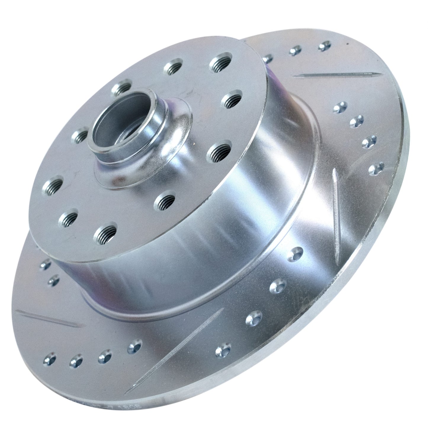 Left Side Front Rotor, Double Drilled 5 x 130 Porsche & 5 x 4.75 Chevy – Directional Drilled, Slotted & Chamfered (Zinc)