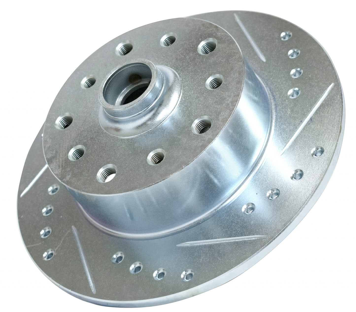 Right Side Front Rotor, Double Drilled 5 x 130 Porsche & 5 x 4.75 Chevy – Directional Drilled, Slotted & Chamfered (Zinc)