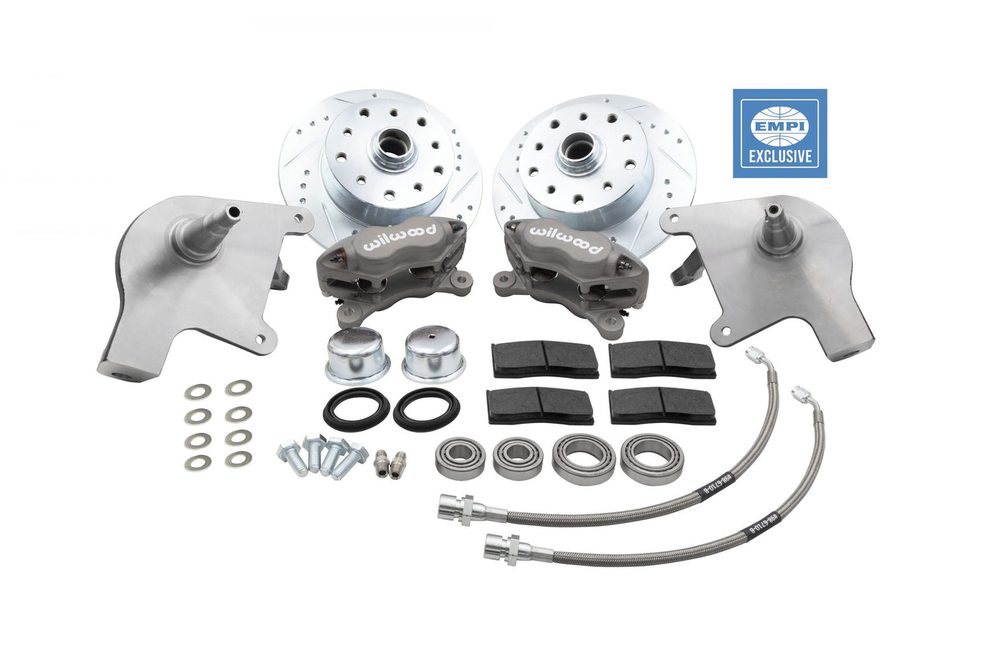 EMPI Front Disc Brake Conversion Kit ‘66 and Later w/ Ball Joint Suspension Double Drilled, 5x130 / 5x4.75 Silver 4 Piston Calipers, w/ Drop Spindles