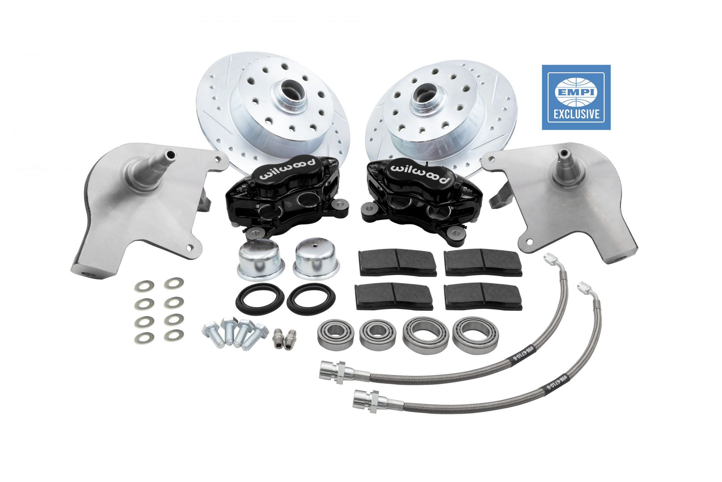EMPI Front Disc Brake Conversion Kit ‘66 and Later w/ Ball Joint Suspension Double Drilled, 5x130 / 5x4.75 Black 4 Piston Calipers, w/ Drop Spindles