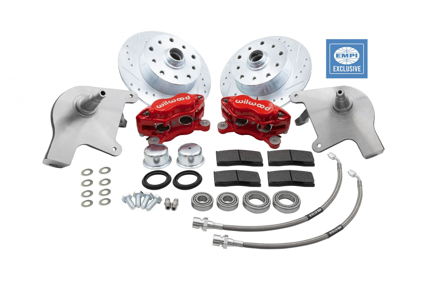 EMPI Front Disc Brake Conversion Kit ‘66 and Later w/ Ball Joint Suspension Double Drilled, 5x130 / 5x4.75 Red 4 Piston Calipers, w/ Drop Spindles