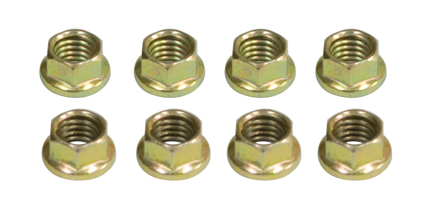 6 Point 8mm Engine Nuts, Gold Zinc Plated, 8 pcs, 8mm 1.25 Thread, uses 10mm Wrench Size