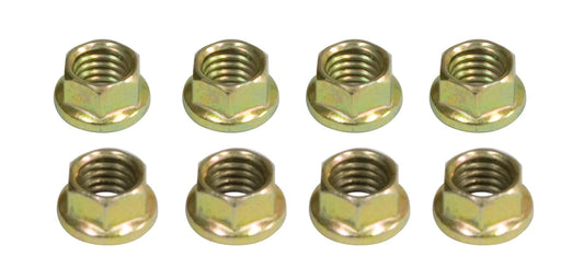 6 Point 8mm Engine Nuts, Gold Zinc Plated, 8 pcs, 8mm 1.25 Thread, uses 10mm Wrench Size