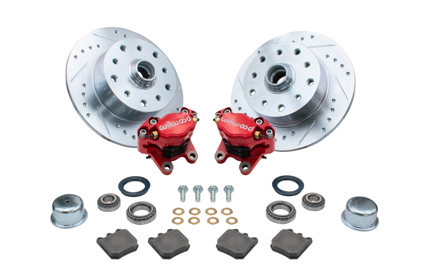 EMPI Ball Joint Front Disc 5/130 Drilled & Slotted Brake Kit with Wilwood Calipers / Red, Without Spindle