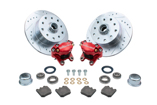 EMPI Ball Joint Front Disc 5/130 Drilled & Slotted Brake Kit with Wilwood Calipers / Red, Without Spindle